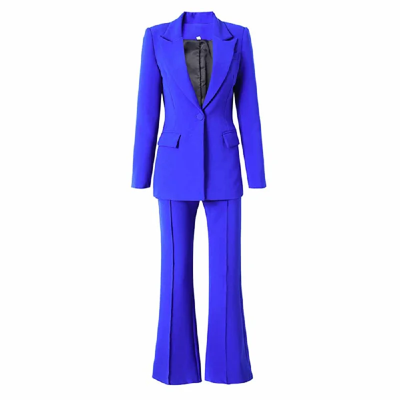 Casual Fashion Women Suits 2 Piece Royalblue One Button Blazer With Flare Pants Suit Casual Fashion Women Suits 2 Piece Royalblue One Button Blazer With Flare Pants Suit