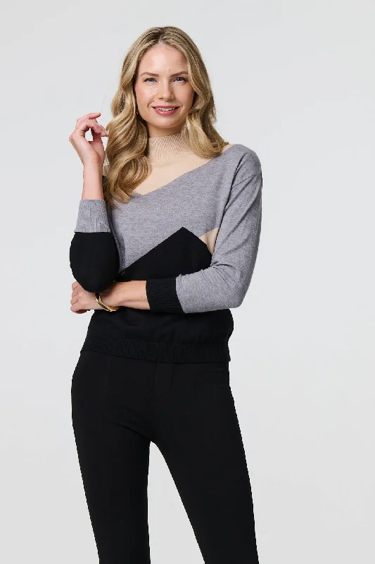 Versatile Women’s Fashion Colour Block High Neck Slim Jumper