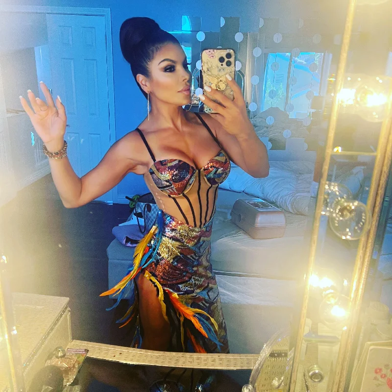Festival Fashion IM GOING OUT Feather Corset Spaghetti Strap Bejeweled Maxi Dress
