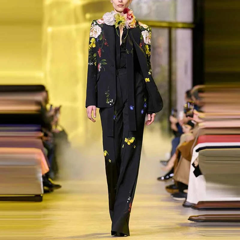 Boutique Styles Women One Button Multi-Color Flowers Fitted Blazer + Flare Trousers Black Pants Suit, Party Suit
