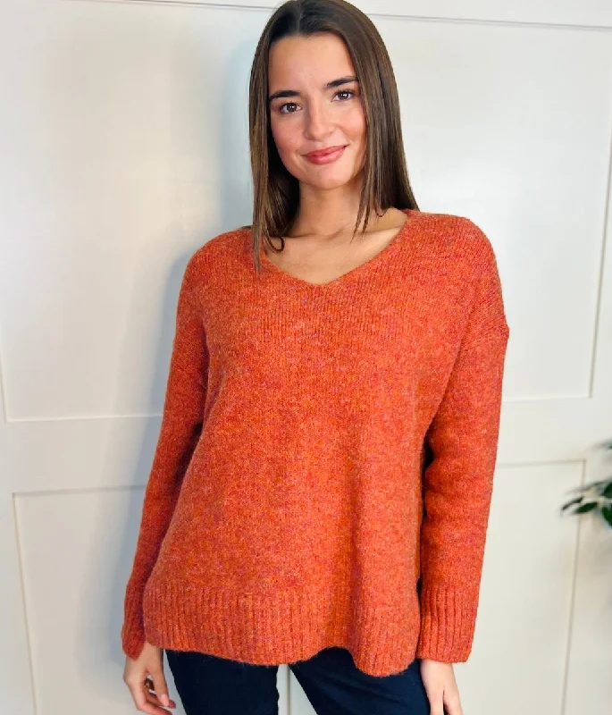 Festival Fashion Orange V Neck Wool Blend Jumper