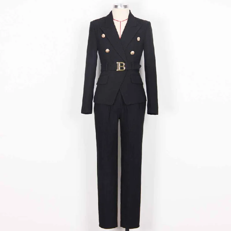 Relaxed Style Women's Pantsuit Gold Button Tie Belt Double Breasted Two Pieces Jacquard Suit Relaxed Style Women's Pantsuit Gold Button Tie Belt Double Breasted Two Pieces Jacquard Suit