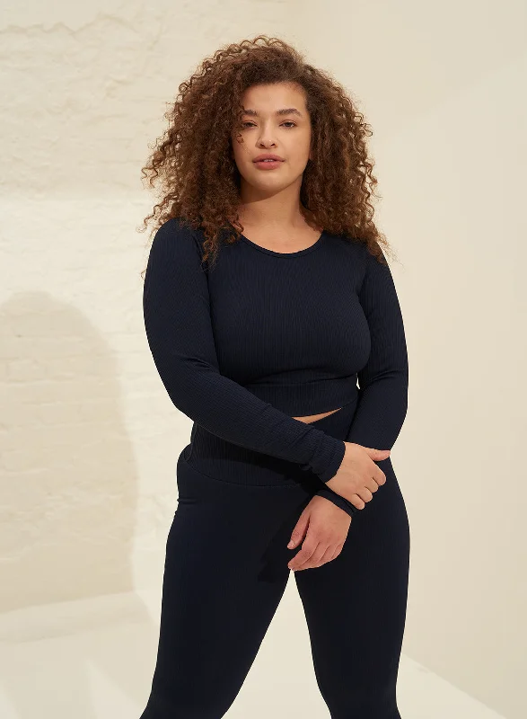 Casual Wear Navy Ribbed Crop Long Sleeve