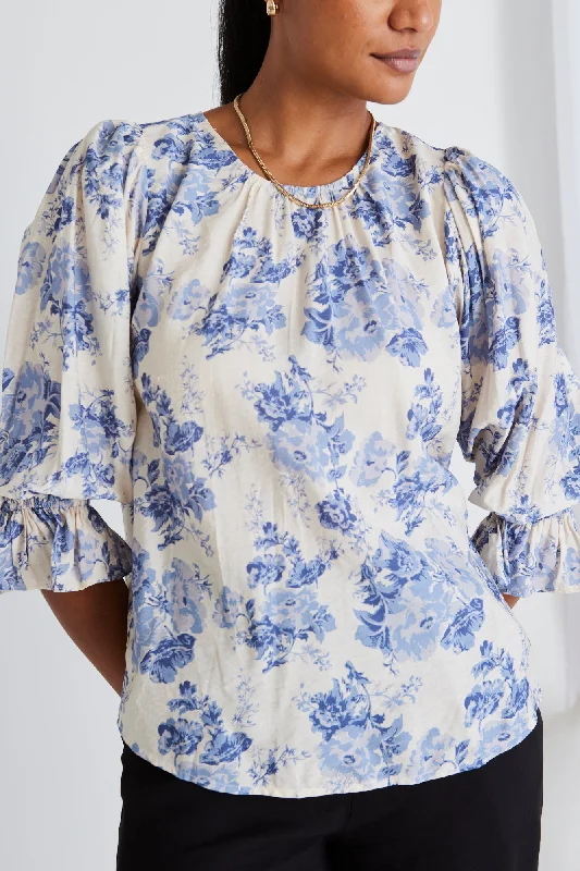 Casual Chic Candid Blue Floral Ls Top