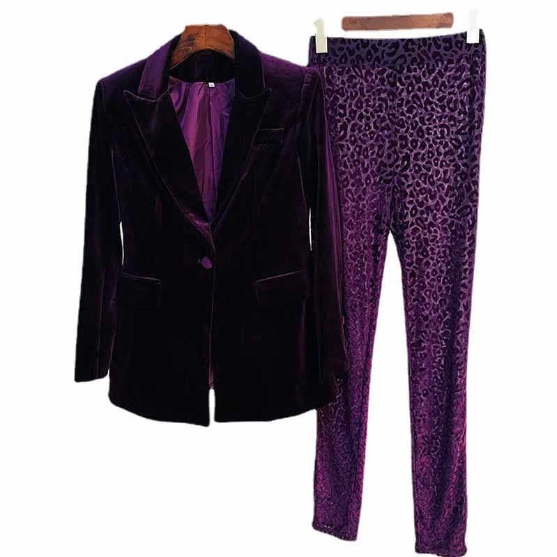 Clothing Woman Women Velvet Dark Purple Blazer Pantsuit + Flare Trousers Suit