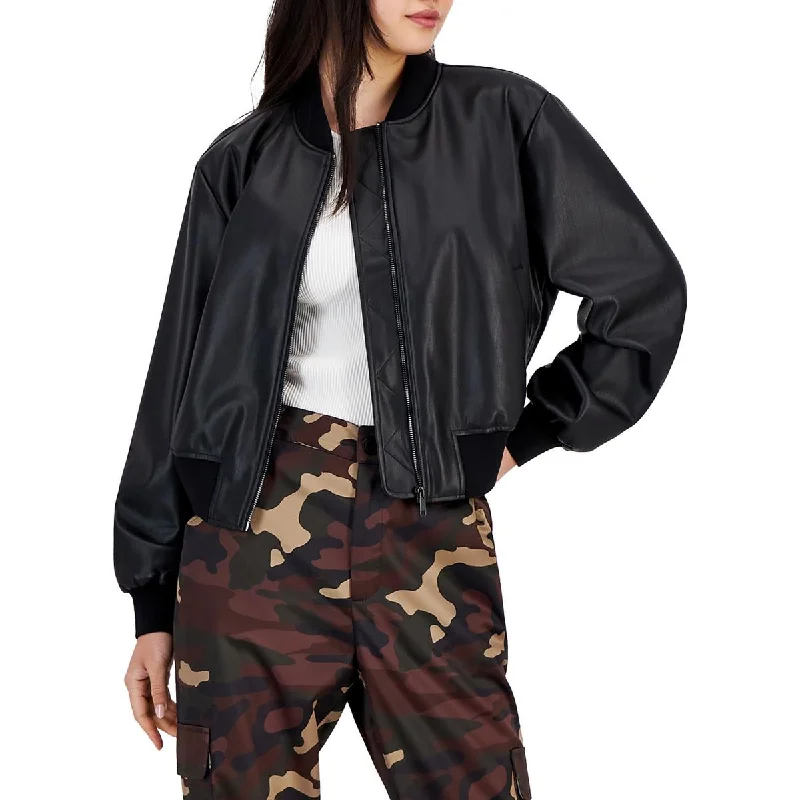 Fashion Women's Clothing Petites Womens Faux Leather Long Sleeve Bomber Jacket