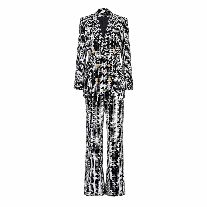Luxury Fashion Women's Golden Buttons Abstract Pattern Fitted Pantsuit With Belt