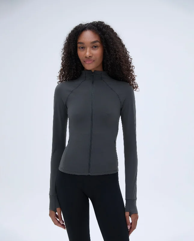 Fashion Forward Brushed Long Sleeve Mock Neck Zip Up Top - Graphite Grey