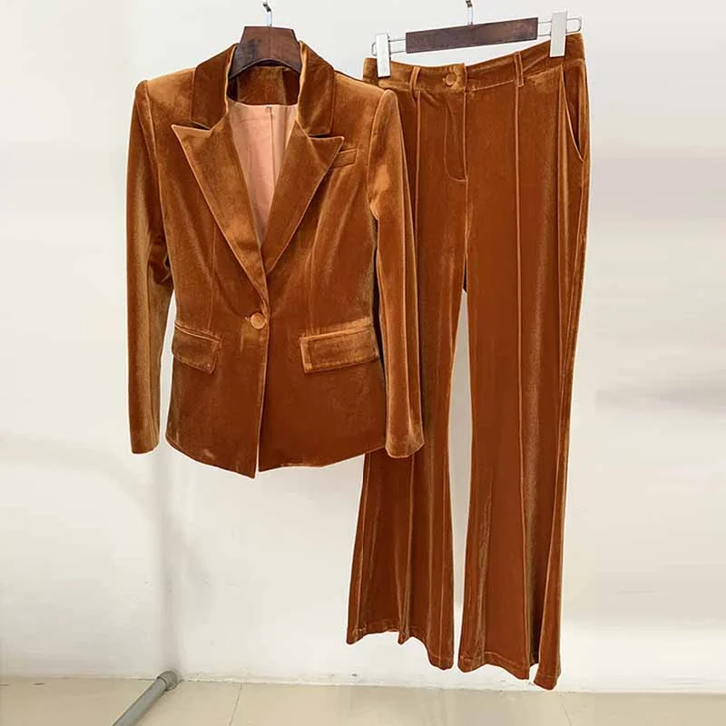 High End Women's Wear Women Velvet Pantsuit Brown Green Purple Blazer + Mid-High Rise Flare Trousers Pants High End Women's Wear Women Velvet Pantsuit Brown Green Purple Blazer + Mid-High Rise Flare Trousers Pants