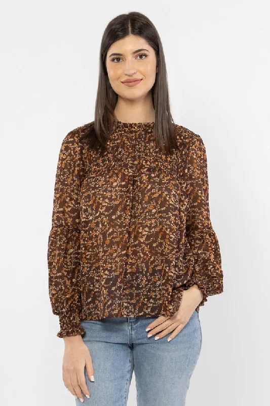 Quick Grab Deals Dancing Bronze Floral Shirred LS Top