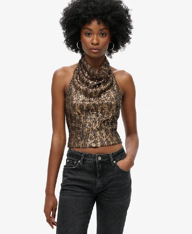 Current Trends Cowl Halter Neck Sequin Top | Brown Gold Sequin