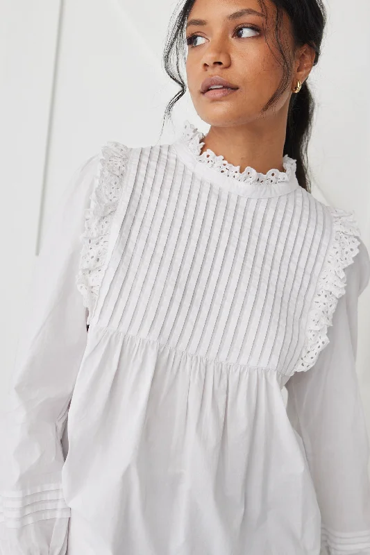 Fashion Essentials Opal White Voile Pleat Bodice High Neck Ls Top