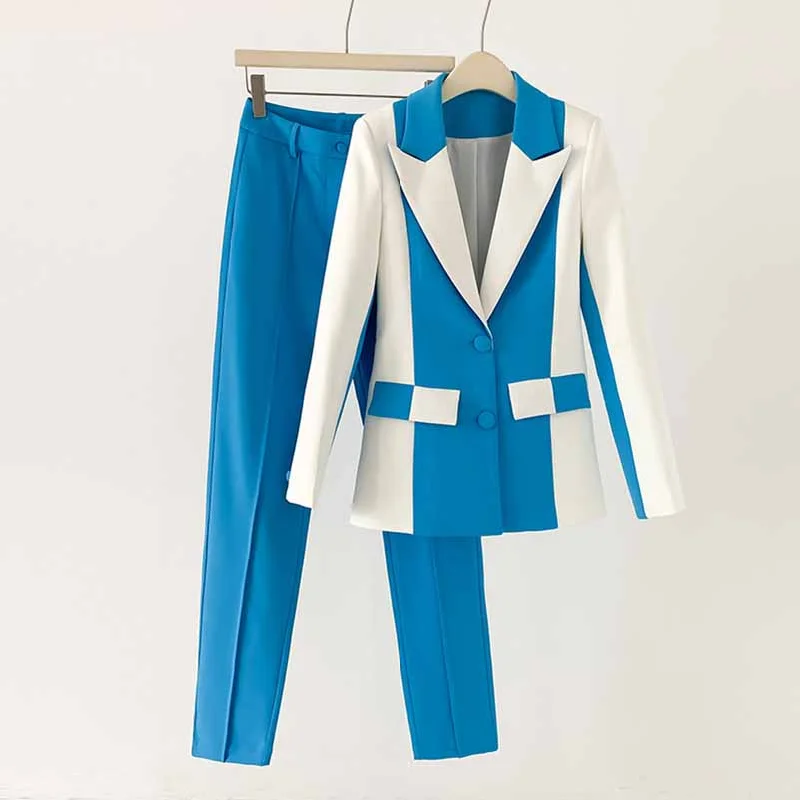 Current Trends Women Blue and White Pantsuit fitted Blazer + Mid-High Rise Flare Trousers Suit Pantsuit Current Trends Women Blue and White Pantsuit fitted Blazer + Mid-High Rise Flare Trousers Suit Pantsuit