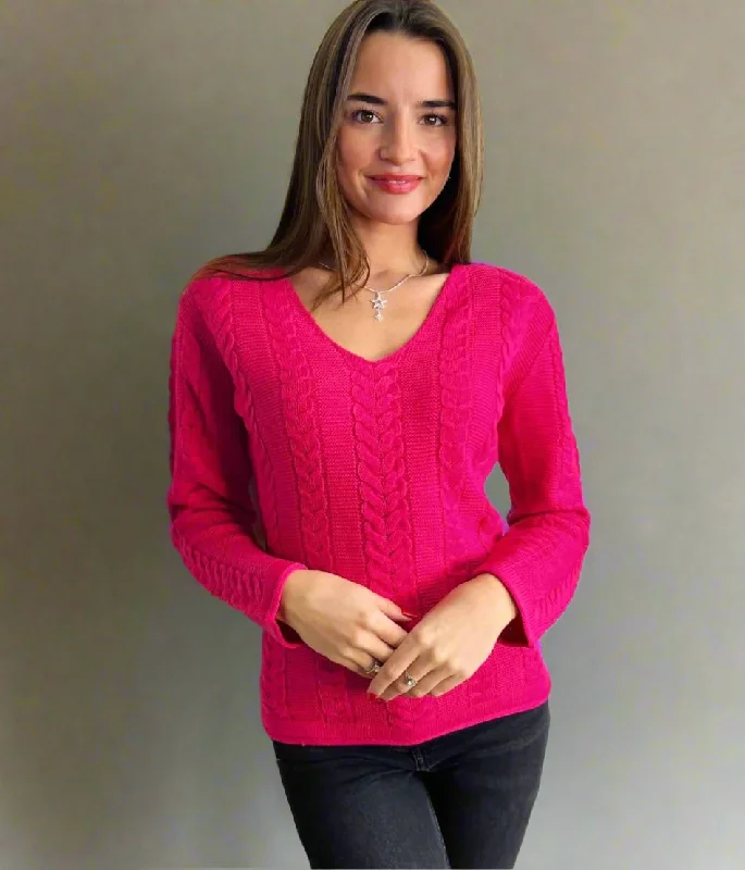 Bold Fashion Pink V Neck Cable Jumper