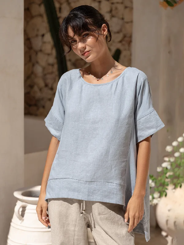 Sophisticated Outfits Costa French Linen and Cotton Top Slate Blue