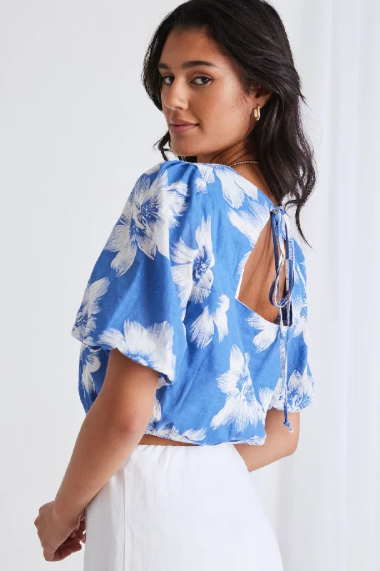 Urban Femme Streetwear Feeling Blue Hibiscus Cutout Back Top