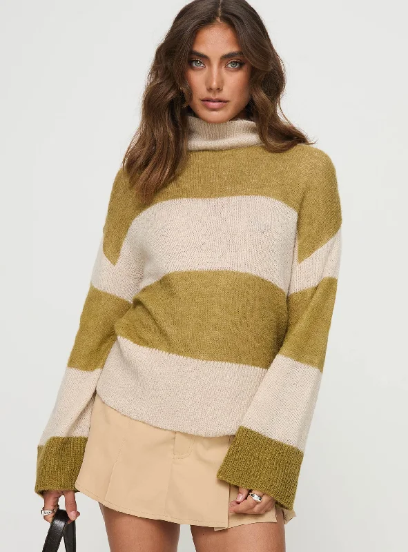 Women's Clothing Boutique Sayuri Mock Neck Stripe Sweater Green/cream