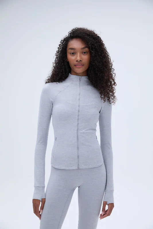 Seasonal Fashion Brushed Long Sleeve Mock Neck Zip Up Top - Light Grey Melange