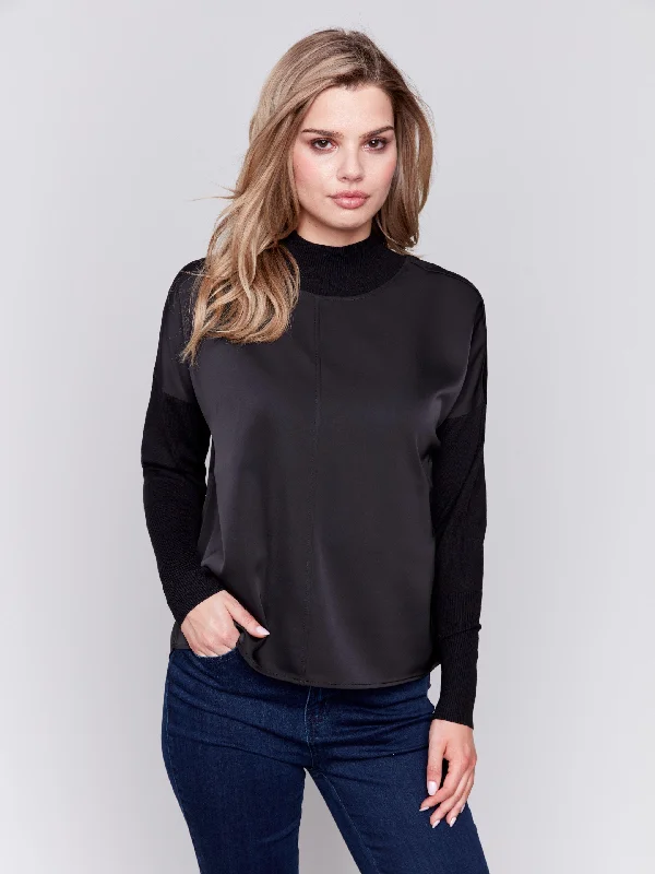 The Good Stuff Satin Knit Top With Mock Neck - Black