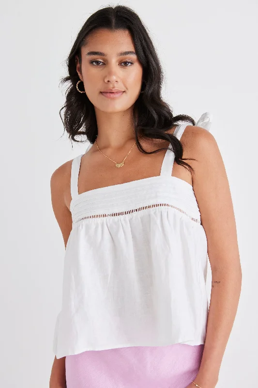 Chic Casual Style Fluid White Linen Reversible Tie Shoulder Cami