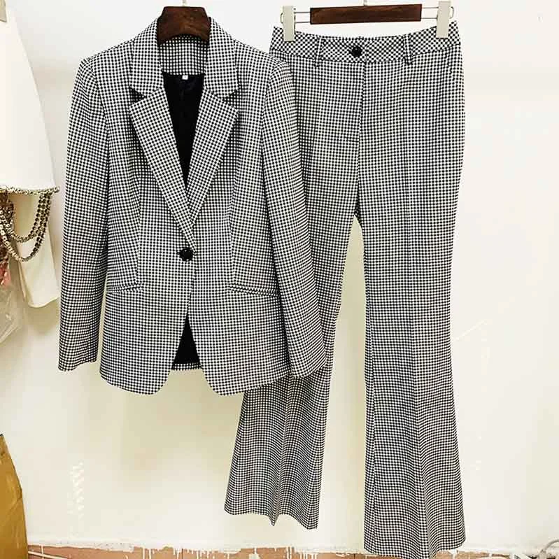 Clearance Sale Checked Suits for Women Fashion 2 Pieces Flared Trousers Set