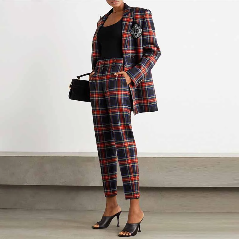 Earthy Tones Plaid Print Double Breasted Suit Checked Ladies Pantsuits