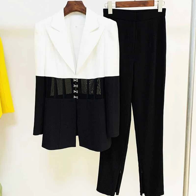 Best Online Women's Boutiques Women White Black Blazer + Flare Trousers Suit