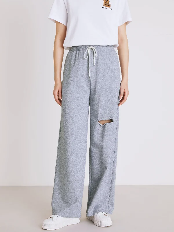 Clothes Sales Torn Wide Leg Pants-Grey