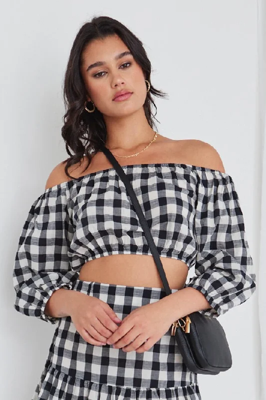 Sporty Streetwear Versitile Black And White Gingham Cropped Elastic Top