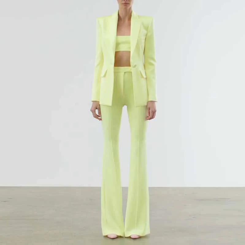 Women's Online Clothing Boutique Women Light Yellow Blazer + Flare Trousers Suit Two Piece Pantsuits Women's Online Clothing Boutique Women Light Yellow Blazer + Flare Trousers Suit Two Piece Pantsuits