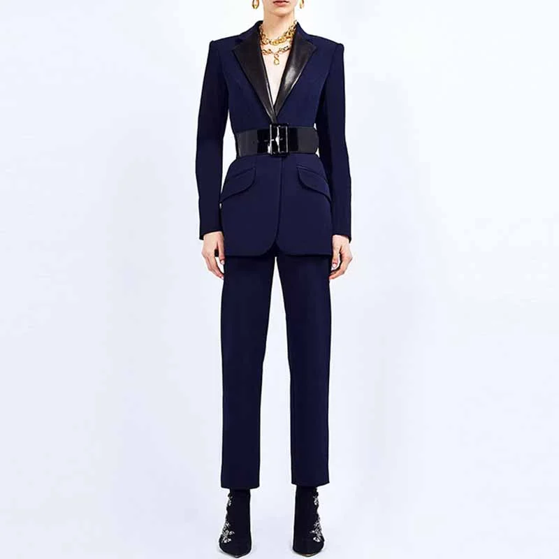 Sophisticated Style Women Dark Blue Pant Suits 2 Piece Fashion Suits with Belt Blazer Pant Formal Suits Sophisticated Style Women Dark Blue Pant Suits 2 Piece Fashion Suits with Belt Blazer Pant Formal Suits