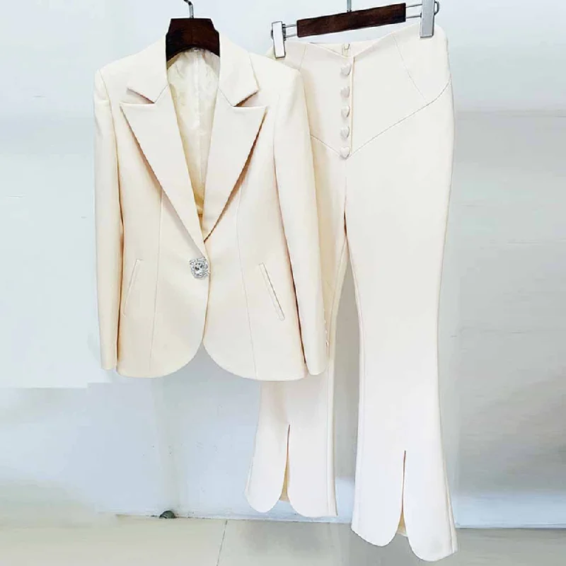 Versatile Outfits Women Invory Pantsuits One Button Flare Bottoms Two Pieces Pants Set Versatile Outfits Women Invory Pantsuits One Button Flare Bottoms Two Pieces Pants Set
