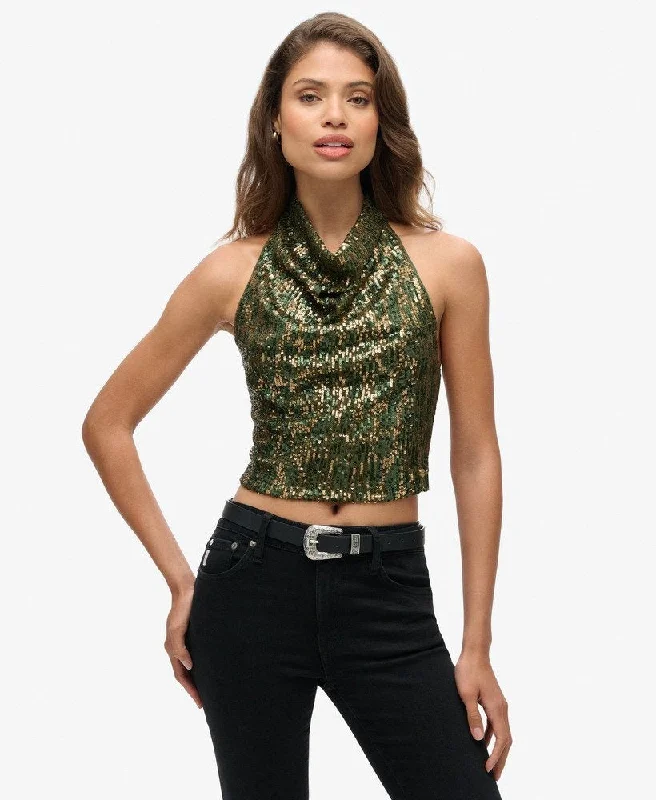 Laid-Back Elegance Cowl Halter Neck Sequin Top | Green Gold Sequin