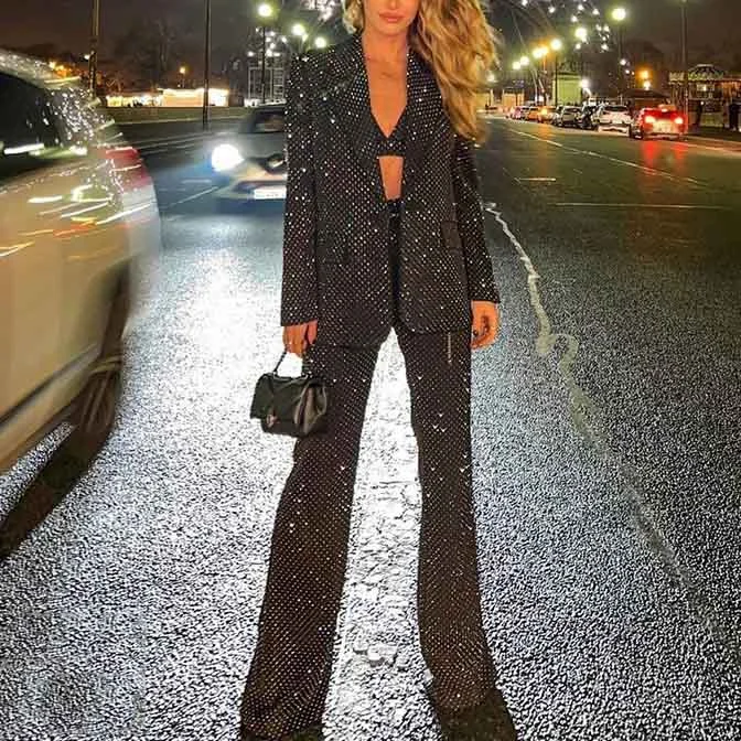 Winter Wardrobe Clearance Women Black Bling Bling Bra+ Blazer + Flare Trousers 3 Pieces Suit Winter Wardrobe Clearance Women Black Bling Bling Bra+ Blazer + Flare Trousers 3 Pieces Suit