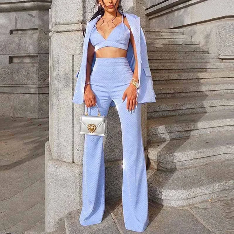 Online Boutiques Best Women's Pantsuit Bling Bling Bra+ Blazer + Flare Trousers 3 Pieces Suit Online Boutiques Best Women's Pantsuit Bling Bling Bra+ Blazer + Flare Trousers 3 Pieces Suit