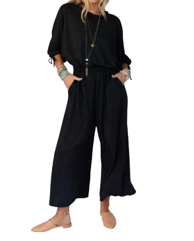 Bold Prints Casual Chic Carolina Comfy Wide Leg Jumpsuit In Charcoal