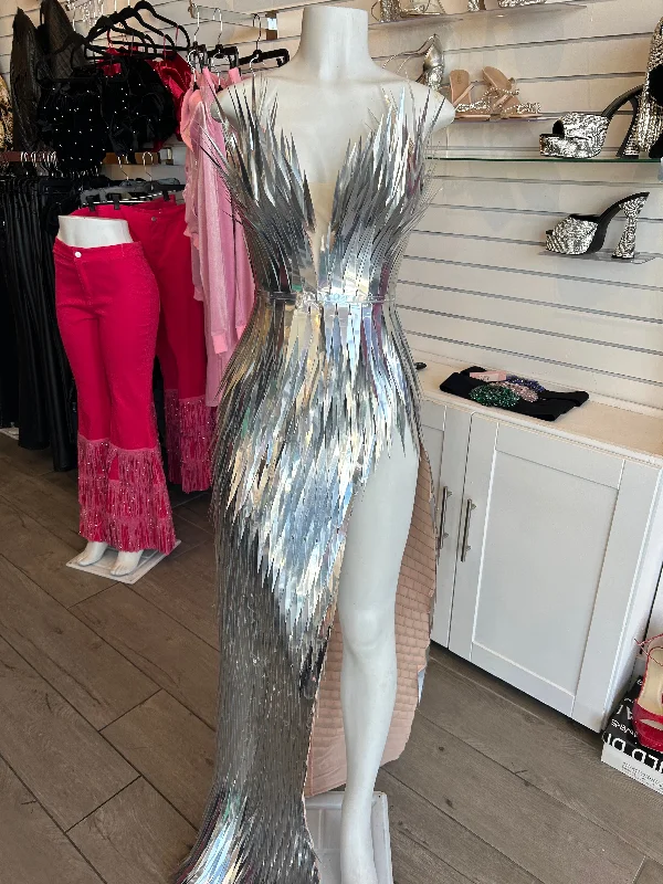 Current Trends Silver Spike Sequin Studded Mesh Maxi Dress