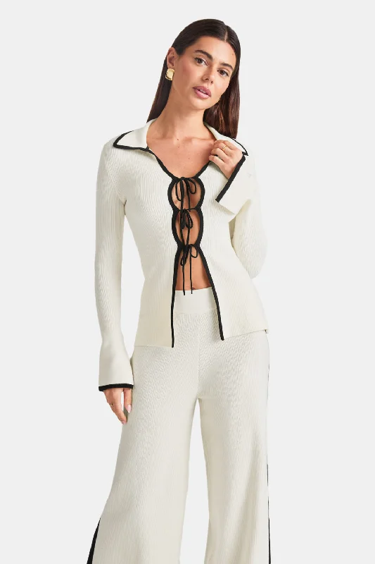 Dive Into Trendy Styles SLIM FIT LONG SLEEVE RIBBED KNIT TIE TOP - BUTTERMILK AND BLACK