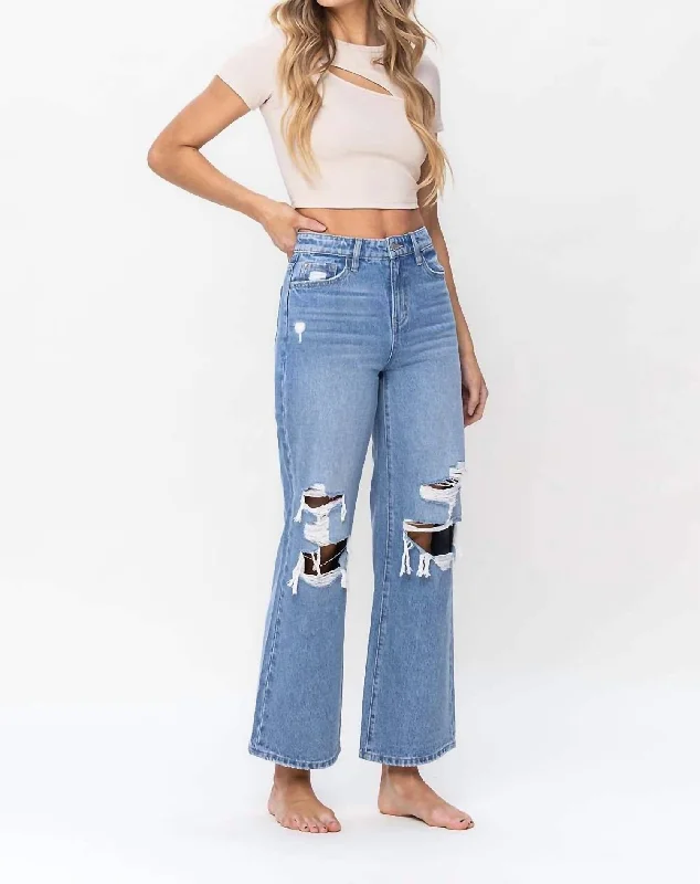 Urban Femme Streetwear High Rise Distressed Wide Leg Jeans In Blue Denim