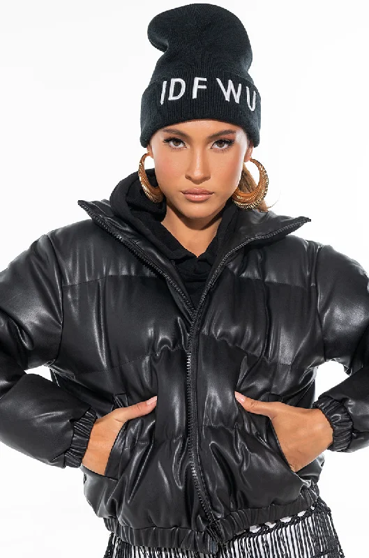 Elegant Styles ALL BLACK PLEATHER PUFFER JACKET