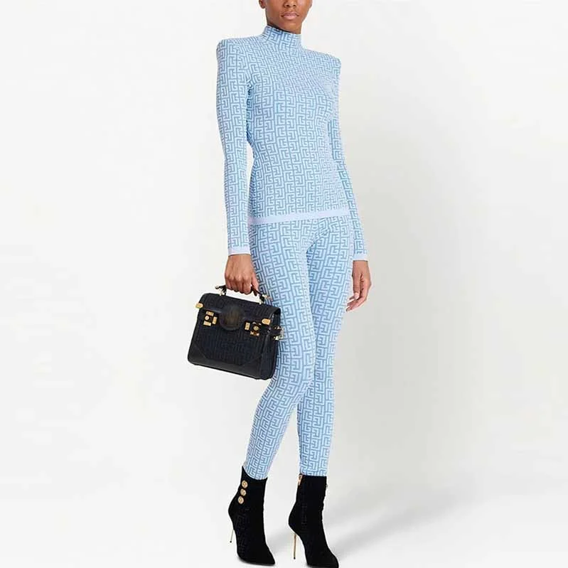 Luxury Fashion Light Blue Long Sleeves Ribbed Pantsuits Two Piece Sets