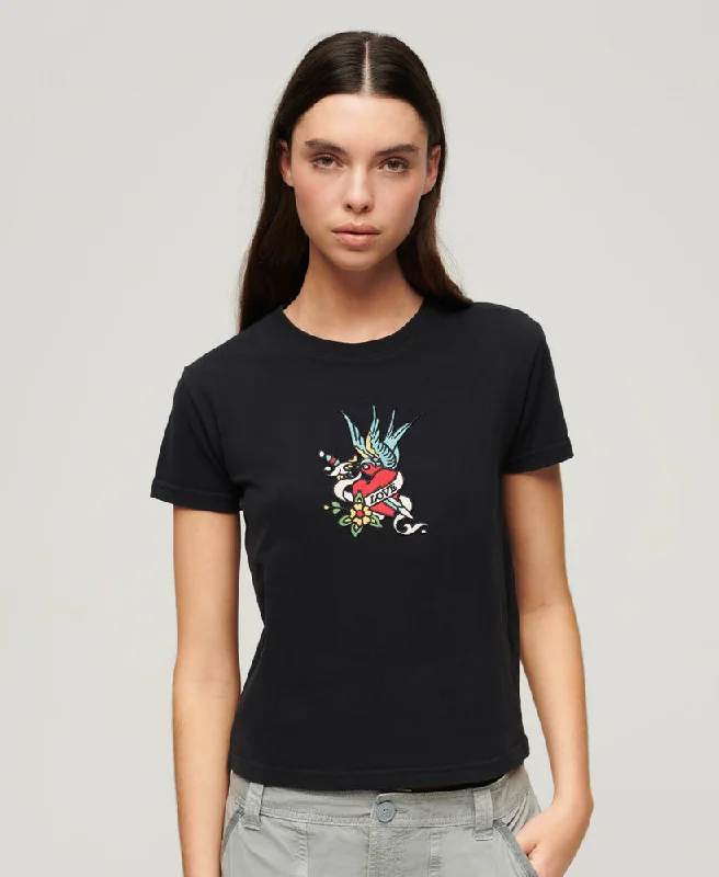 Day To Night Styles Tattoo Embroidered Fitted T-Shirt | Black