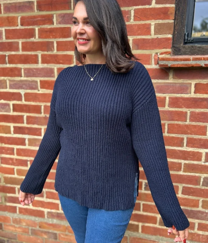 Women's Clothing Brands Navy Ribbed Boat Neck Jumper
