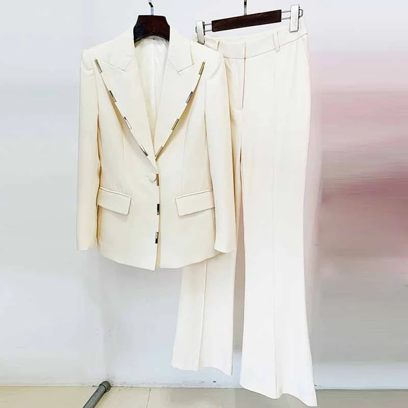 Trendy Street Style Women Cream/ Black One Button Pantsuit Metal Trim Fitted Blazer + Flare Trousers Pants Suit Wedding Suit Trendy Street Style Women Cream/ Black One Button Pantsuit Metal Trim Fitted Blazer + Flare Trousers Pants Suit Wedding Suit