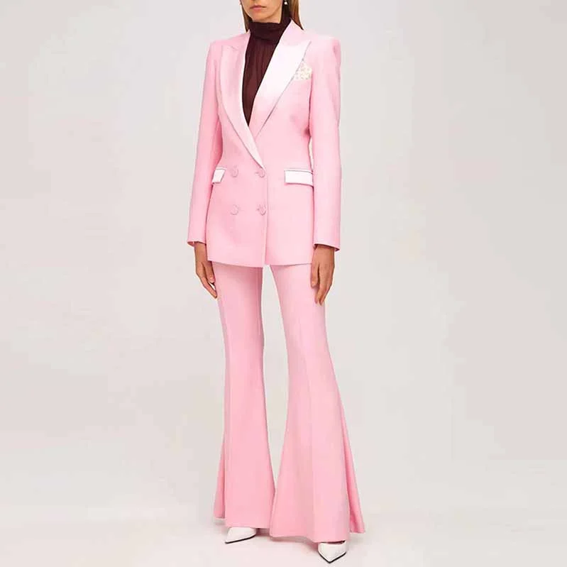 Rocker Chic Fashion Long Sleeves Pink Blazer Pantsuits Two Piece Pantsuit Flare Trousers Set Rocker Chic Fashion Long Sleeves Pink Blazer Pantsuits Two Piece Pantsuit Flare Trousers Set