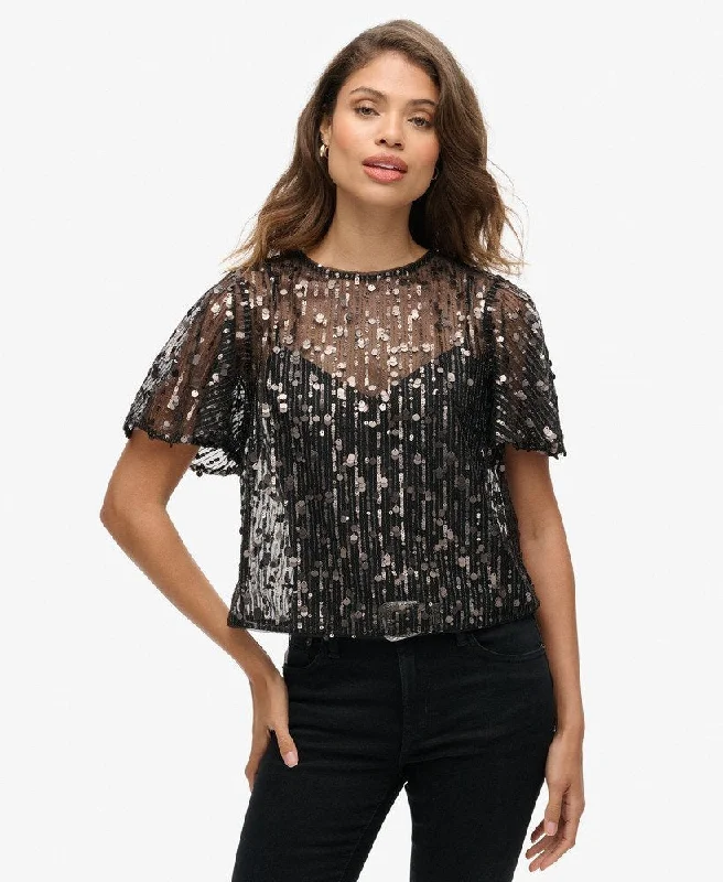 Durable Fashion Picks Sheer Short Sleeve Sequin Top | Pewter Sequin