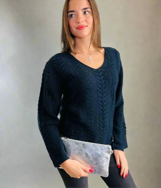 High End Women's Wear Black V Neck Cable Jumper