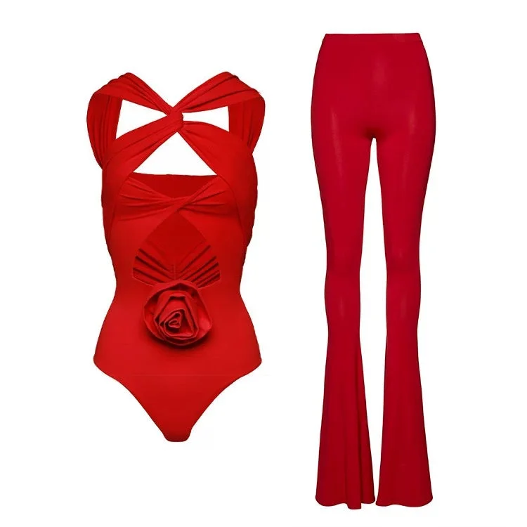 Women’s Outerwear for All Weather Conditions Baray Rosette Swimsuit with Pants in Red