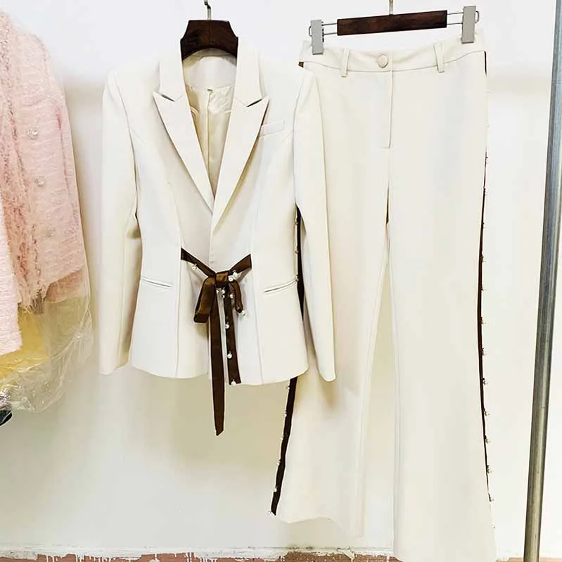 Women Online Clothing Boutiques Women White Blazer Lace up Closure Coat + Flare Trousers Suit Women Online Clothing Boutiques Women White Blazer Lace up Closure Coat + Flare Trousers Suit