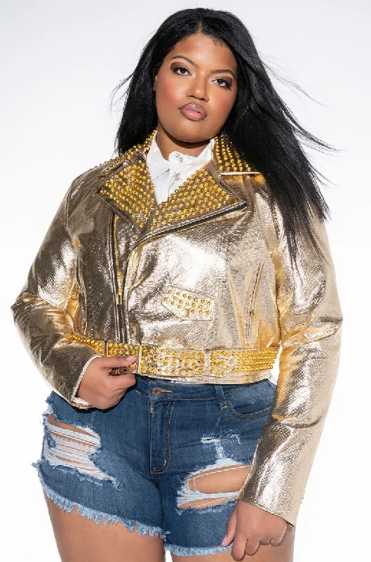 Stay Ahead In Style PLUS AZALEA WANG GOLD FINGER STUDDED MOTO JACKET